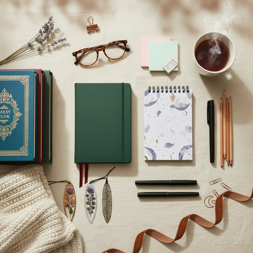 Book lover mystery gift box with bookmarks, book sleeves, cozy reading accessories, and treats