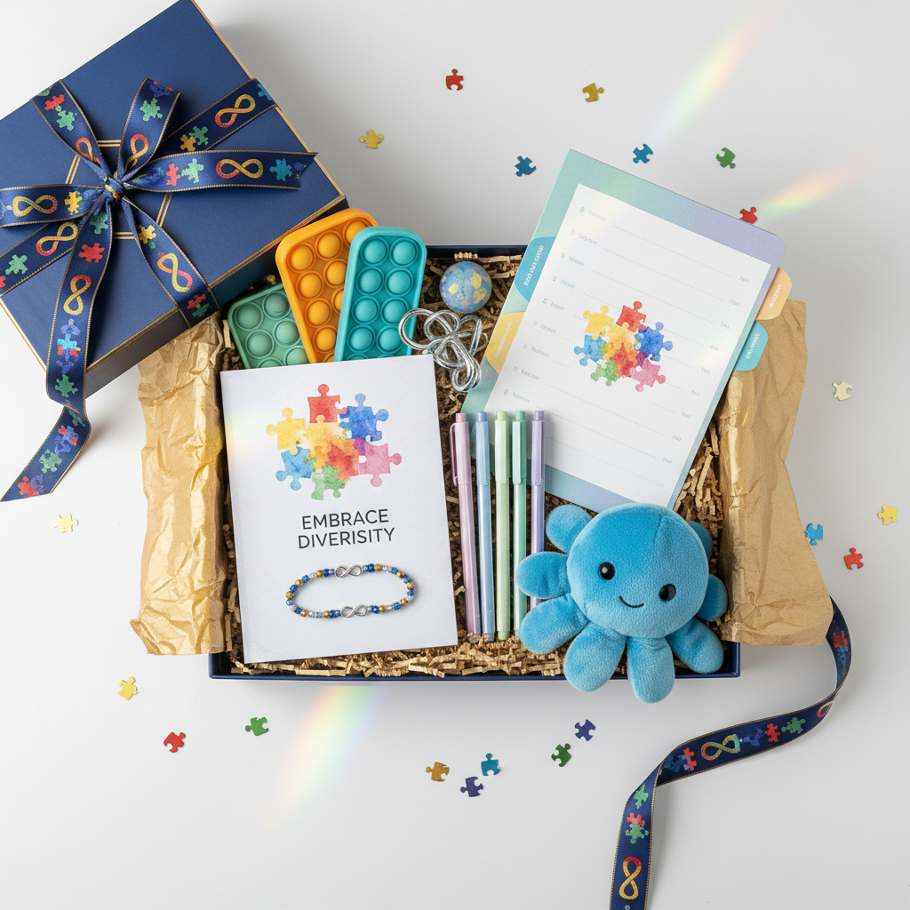 Sensory-friendly autism awareness mystery gift box with fidgets, calming tools, and thoughtful comfort items