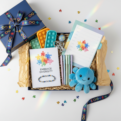 Sensory-friendly autism awareness mystery gift box with fidgets, calming tools, and thoughtful comfort items