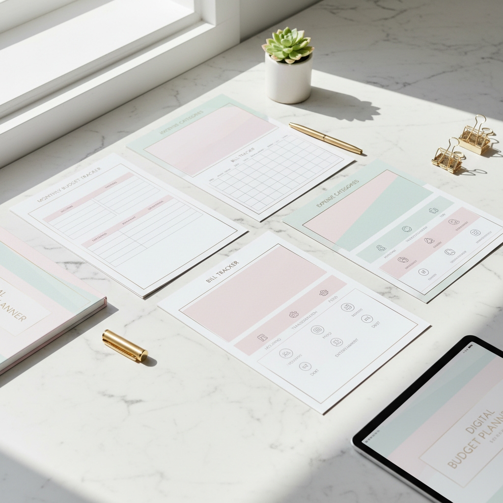 Printable budget planner PDF with monthly bill tracker, savings tracker, and debt payoff sheets, instant download