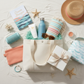 Beach day mystery gift box with summery essentials and fun surprises for her or a bachelorette trip