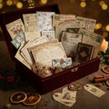 An open dark red velvet gift box filled with vintage Christmas cards, letters, ornaments, and small decorative items, arranged on a rustic wooden table with candles, holly, dried orange slices, and cinnamon sticks against a warm golden bokeh background.