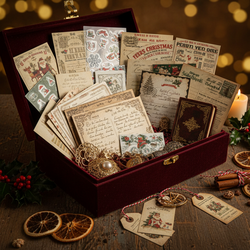 An open dark red velvet gift box filled with vintage Christmas cards, letters, ornaments, and small decorative items, arranged on a rustic wooden table with candles, holly, dried orange slices, and cinnamon sticks against a warm golden bokeh background.