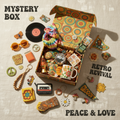 Curated retro mystery gift box with 60s and 70s themed items including vintage-inspired goodies for mom, dad, and grandparents