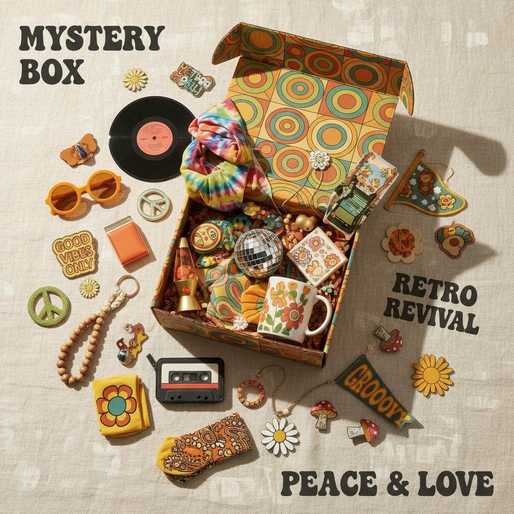 Curated retro mystery gift box with 60s and 70s themed items including vintage-inspired goodies for mom, dad, and grandparents