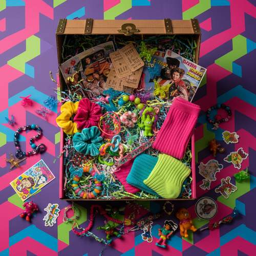 80s and 90s nostalgia mystery gift box packed with retro throwback surprises for millennials and Gen X