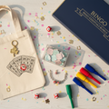 Bingo-themed mystery gift box with funny and festive goodies for bingo players and grandmas