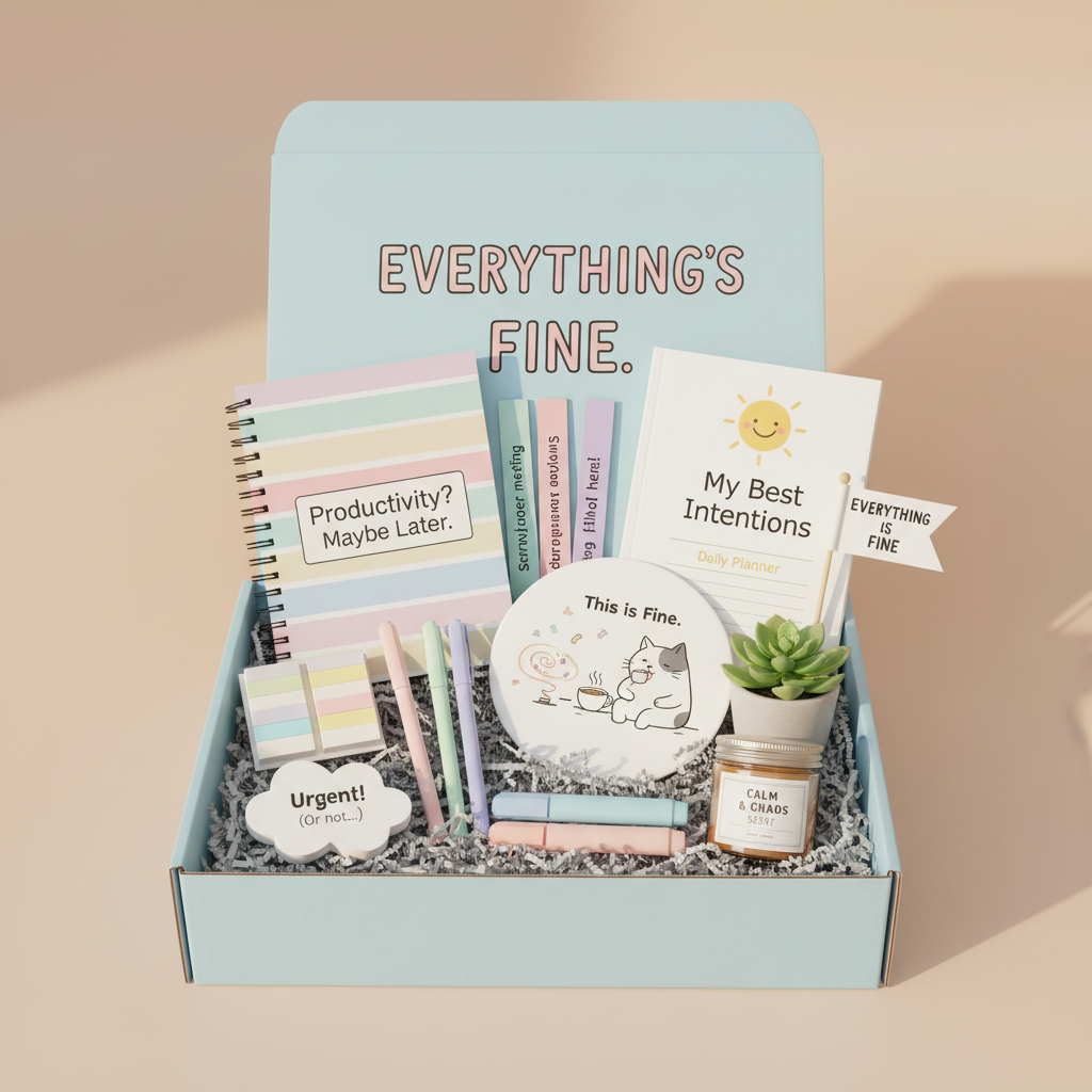 Everything's Fine cheer up care package with 15+ comfort and self-care items, gift-ready box by Curated by Lana