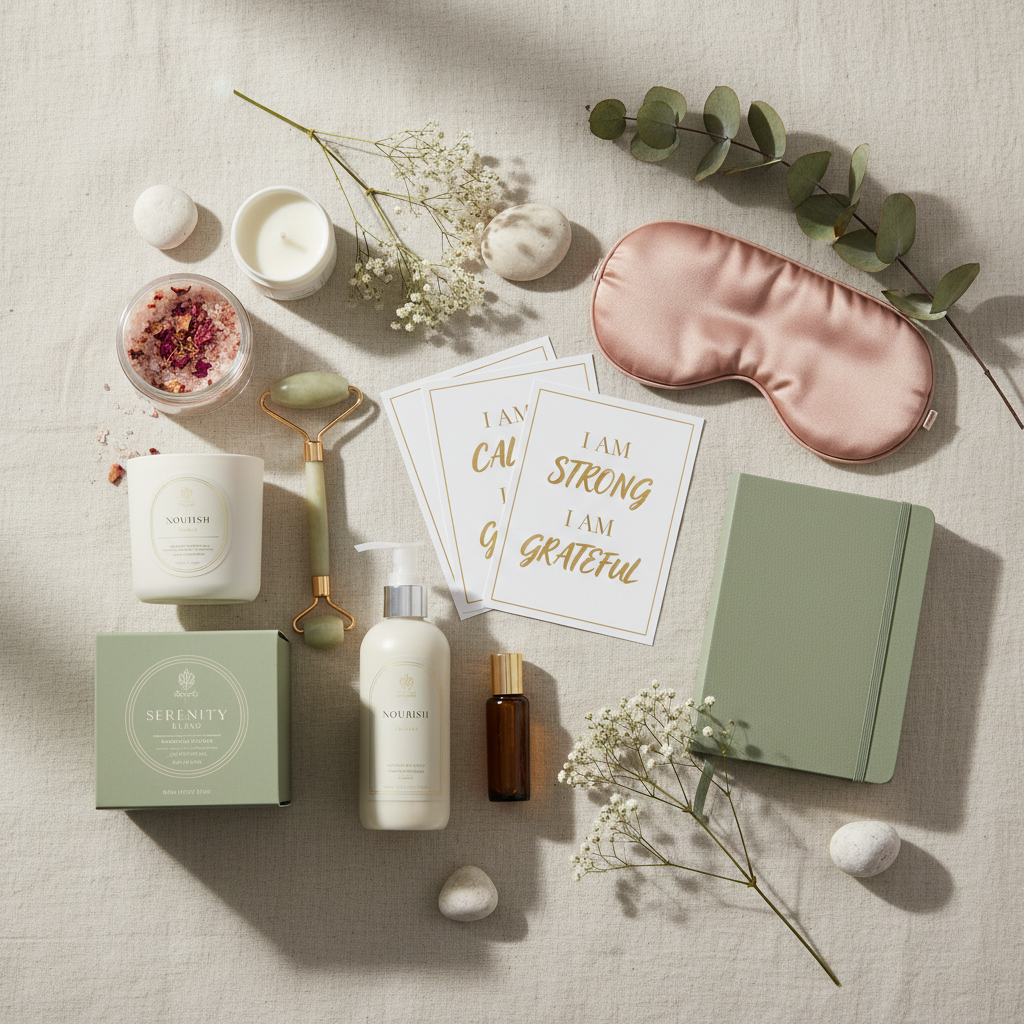 Mind and body wellness gift box with 15+ spa and self-care items, personalized and gift-ready by Curated by Lana
