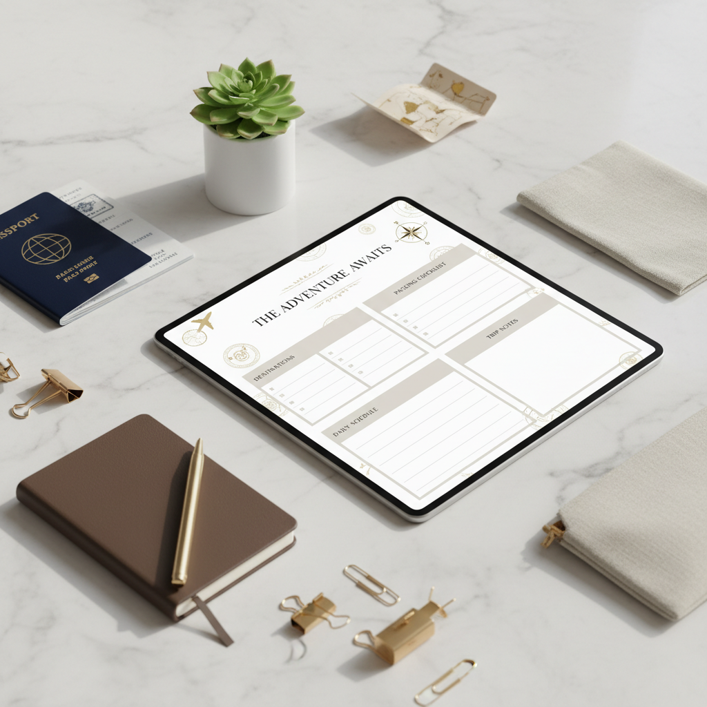 Printable travel planner PDF with trip itinerary, packing list, and budget tracker pages, instant download