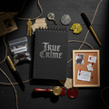 True crime themed mystery gift box with murderino goodies, cozy essentials, and podcast fan accessories