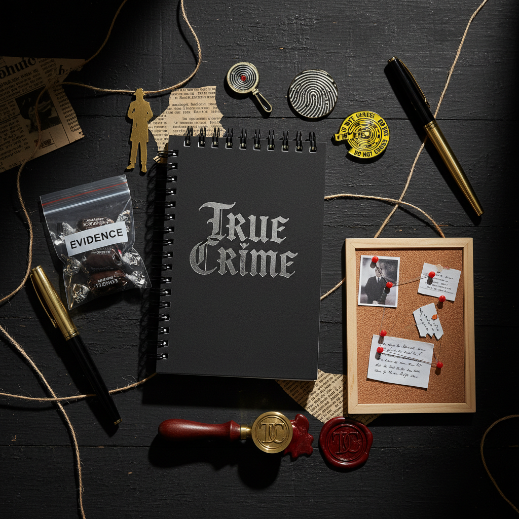 True crime themed mystery gift box with murderino goodies, cozy essentials, and podcast fan accessories